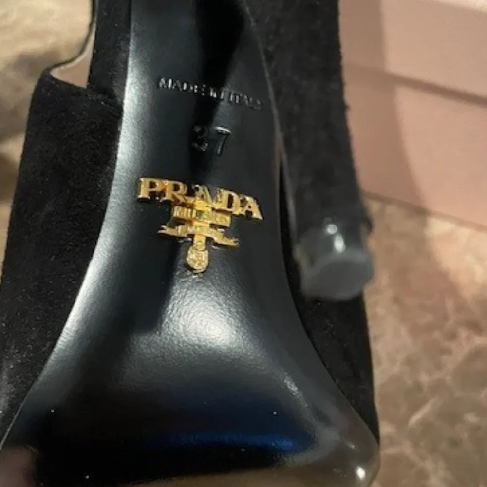 Prada Black Suede Peep Toe Slingback Heels – Sz 7